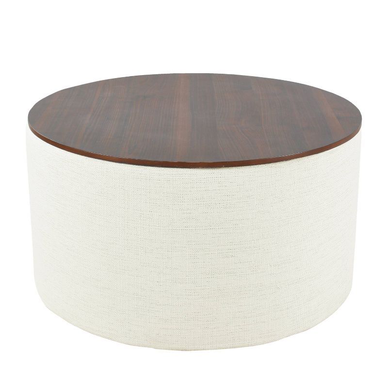 Modern Cream Woven Storage Ottoman with Dark Walnut Wood Top 31"