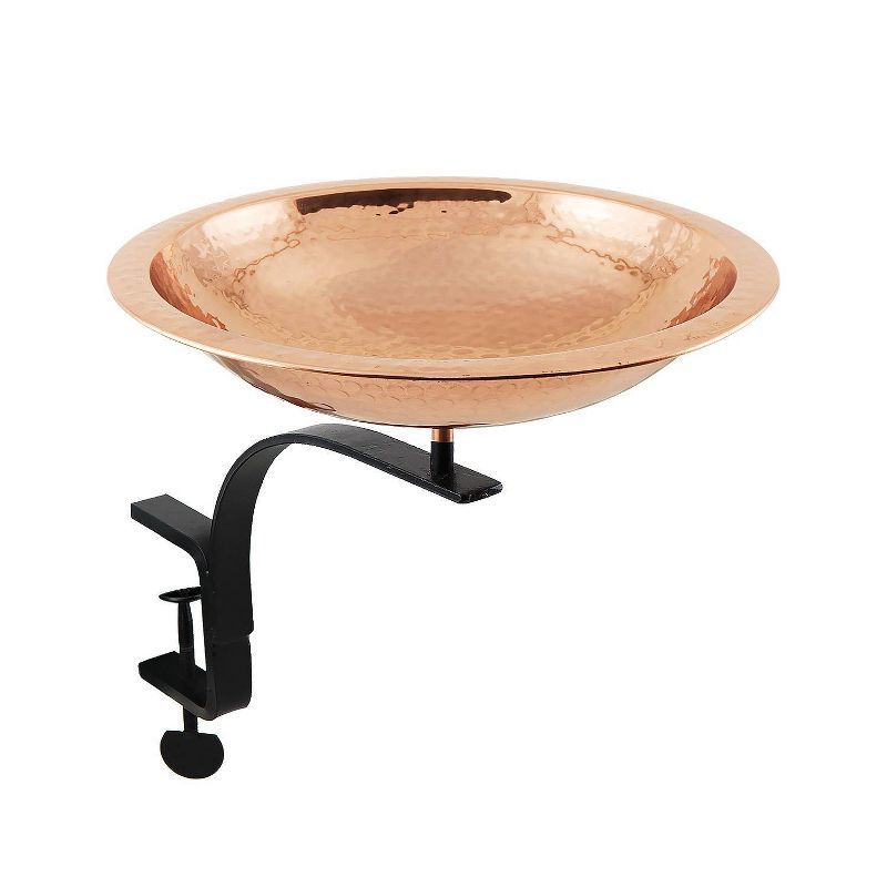 Hammered Copper Rail-Mounted Birdbath with Black Metal Bracket