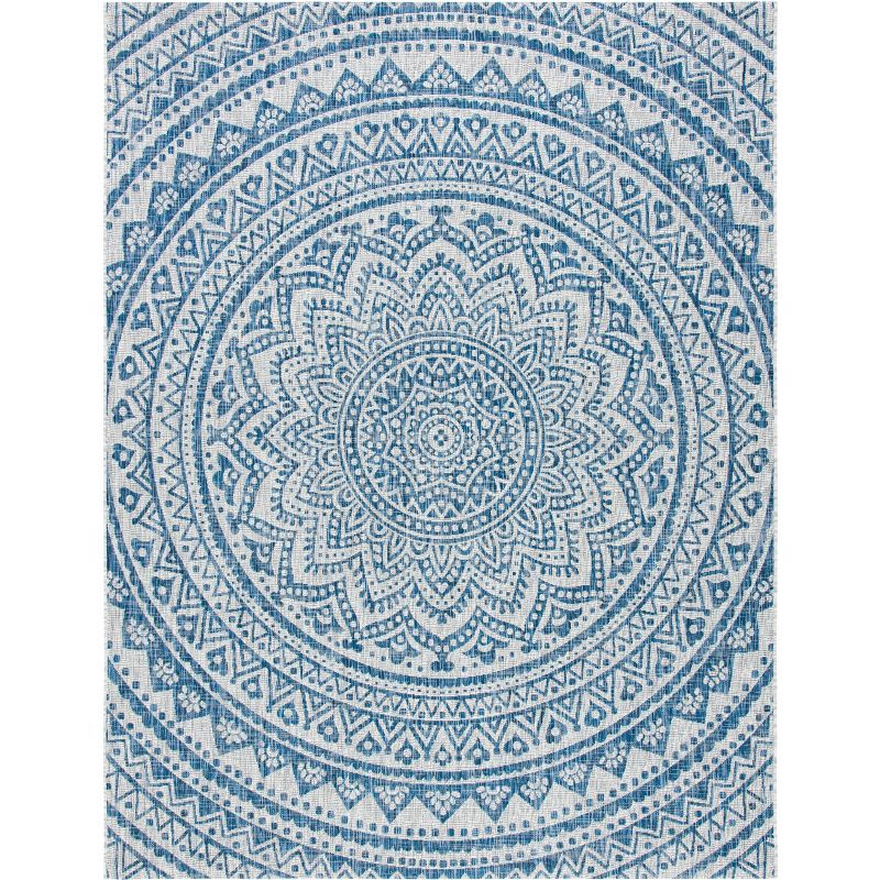 Light Gray and Blue Rectangular Synthetic Indoor/Outdoor Rug