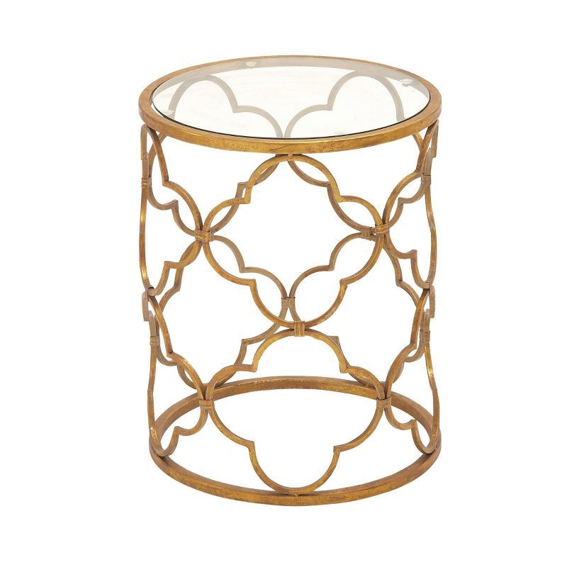 Quatrefoil Gold Metal 20" Accent Table with Glass Top