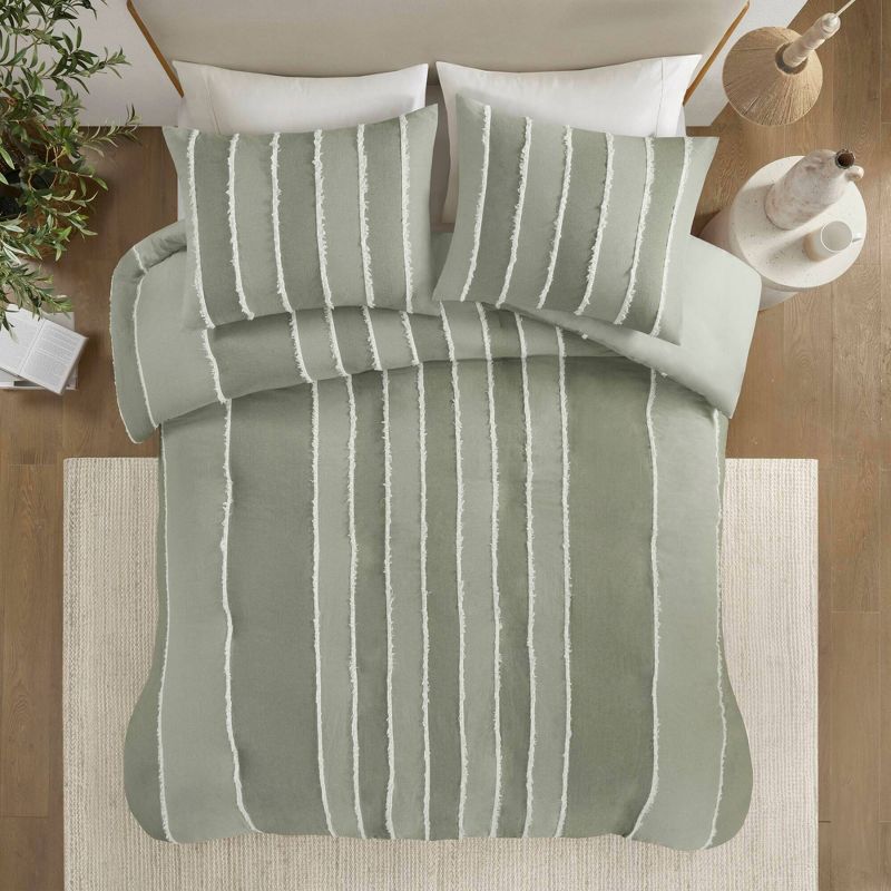 Sage Green Cotton Striped Queen Duvet Cover Set