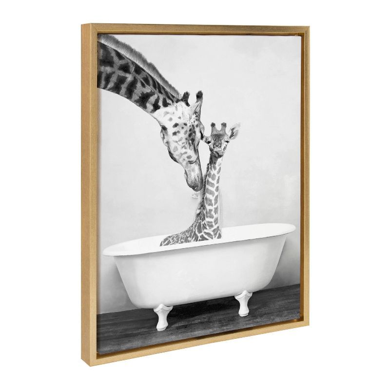 Gold Framed Giraffe in Tub Canvas Print, 27x22