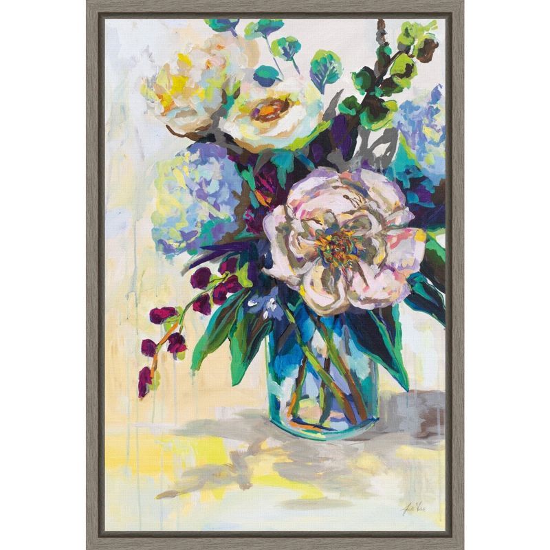 Floral Bouquet in Blue Vase Canvas Print with Gray Frame