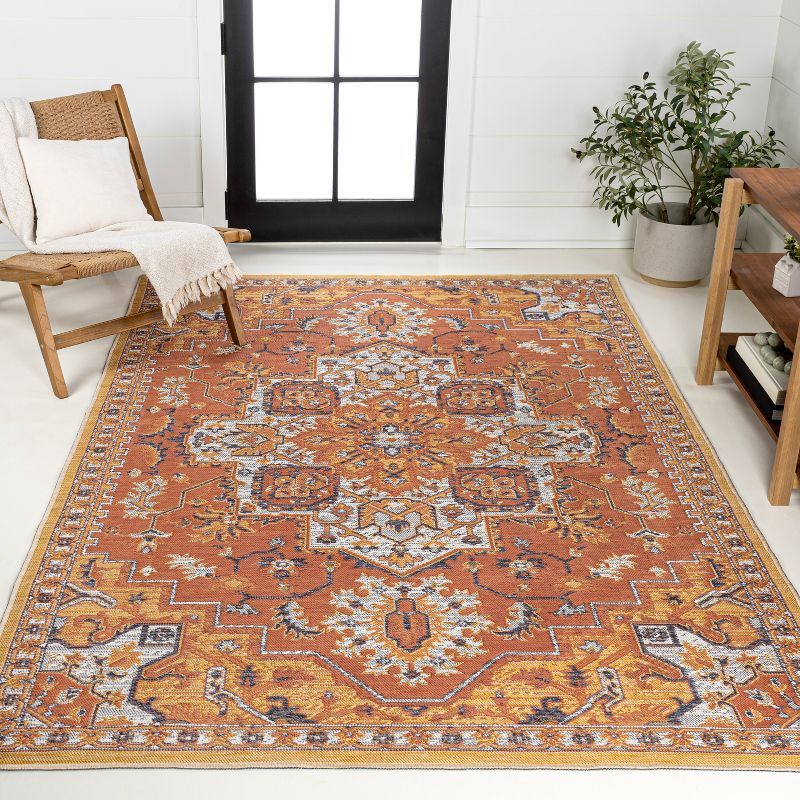 Bijan Terra Blue Cream Medallion Washable Reversible Rug 5x8