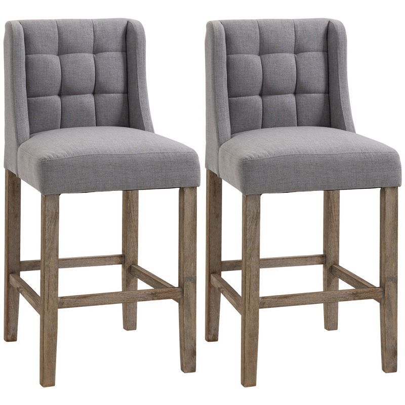 Gray Tufted Upholstered Bar Stools with Rubber Wood Legs, Set of 2