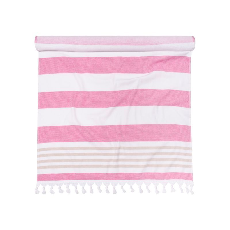 Oversized Pink and White Striped Cotton Beach Towel with Tassels