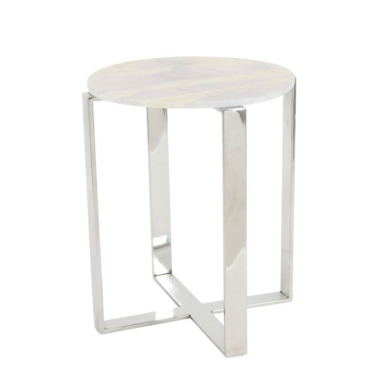 White Marble and Stainless Steel Round Accent Table