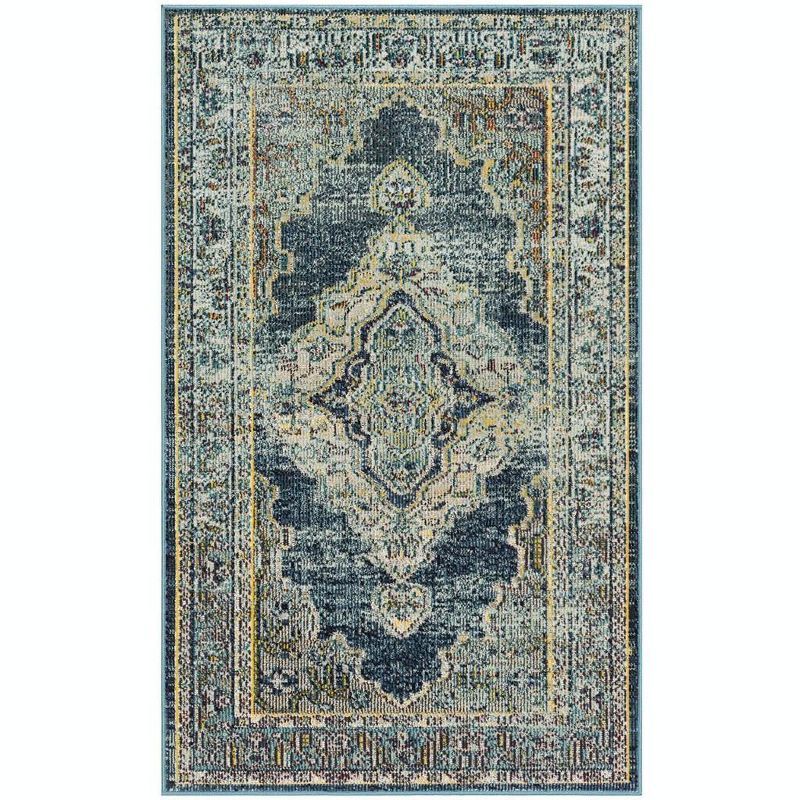 Crystal Blue and Yellow Synthetic Oriental Rectangular Rug, 3' x 5'