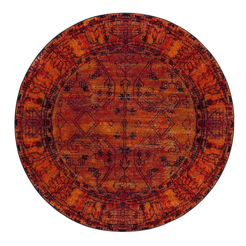 Vintage Orange Round Oriental Synthetic Area Rug