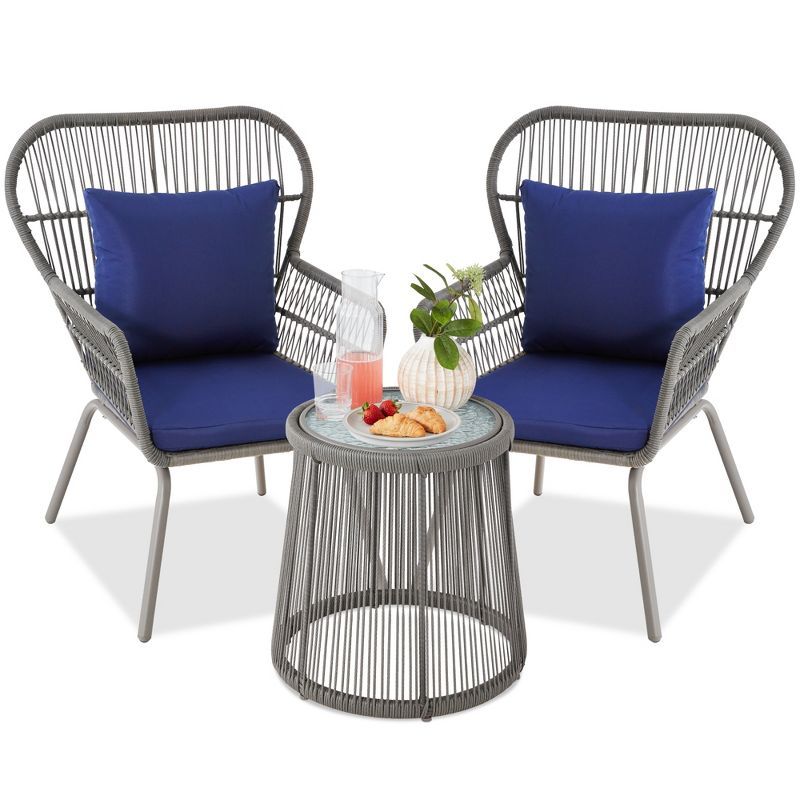 Gray and Navy Wicker 3-Piece Patio Bistro Set with Cushions and Glass Top Table