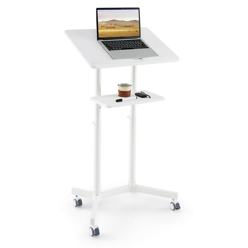 White Adjustable Mobile Podium with Storage Tray and Casters