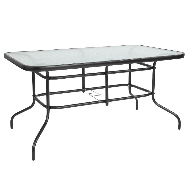 Black Steel Rectangular Patio Table with Glass Top and Umbrella Hole