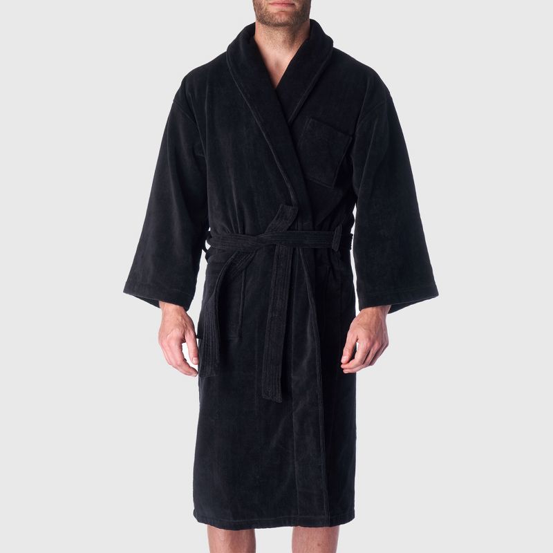 XL Black Cotton Terry Cloth Bathrobe with Shawl Collar