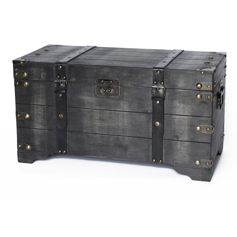 Distressed Black Medium Wooden Storage Trunk with Faux Leather Straps