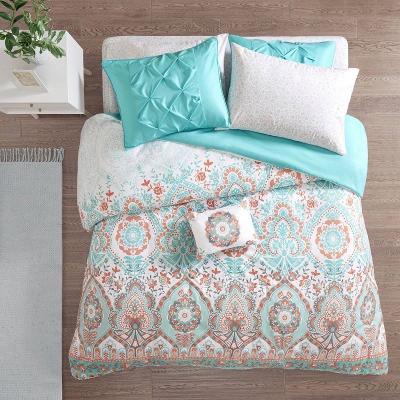 Twin Aqua and Orange Microfiber Boho Bed in a Bag Set