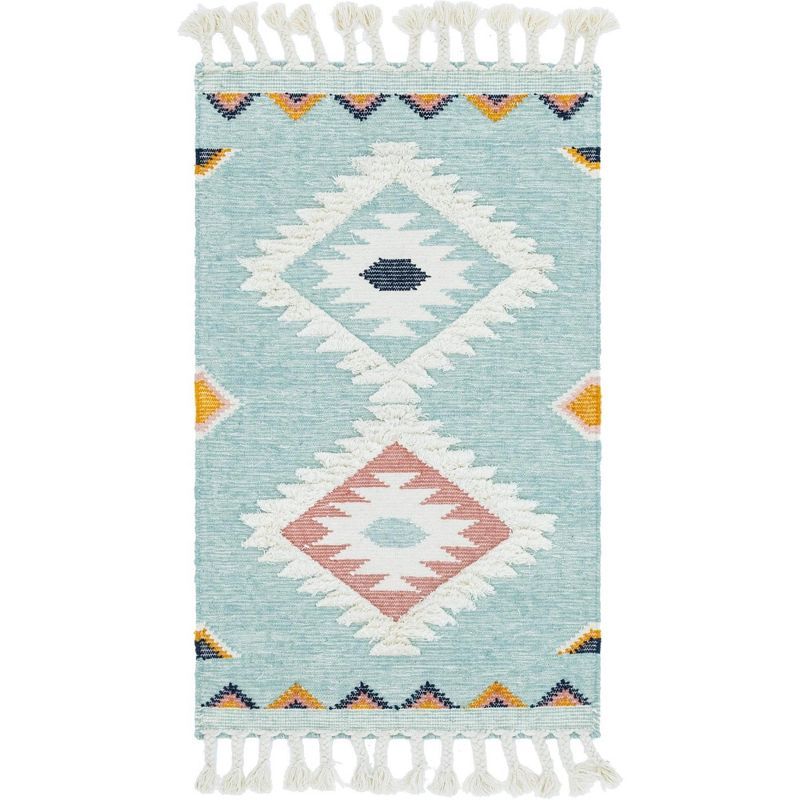 Hand-Knotted Light Aqua Geometric Wool Rug