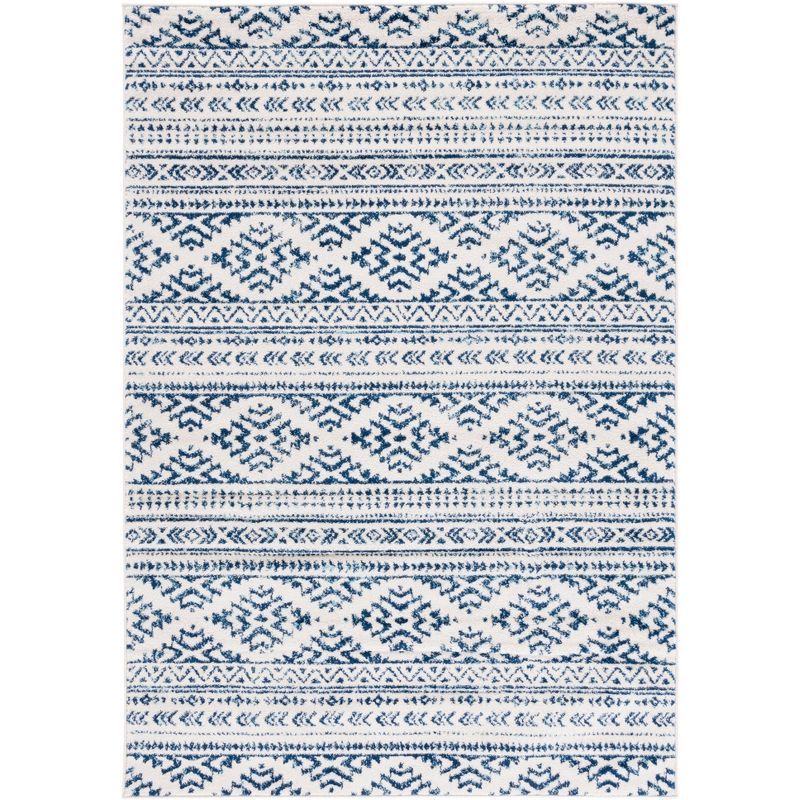 Ivory and Navy Synthetic Reversible Runner Rug