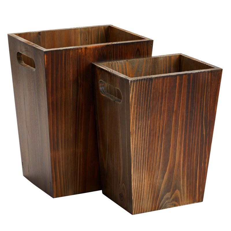 Rustic Brown Fir Wood Office Trash Can Set with Handles