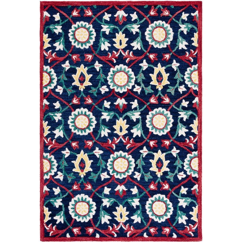 Handmade Blossom Floral Red & Navy Wool Area Rug - 4' x 6'