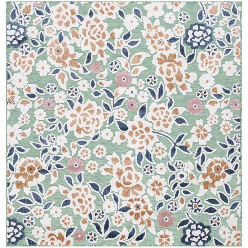 Green and Navy Synthetic Floral Square Rug, 6'5" x 6'5"