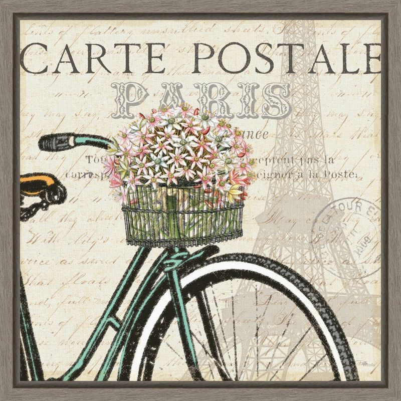 Paris Ride Bicycle with Flowers Canvas Wall Art in Gray Frame