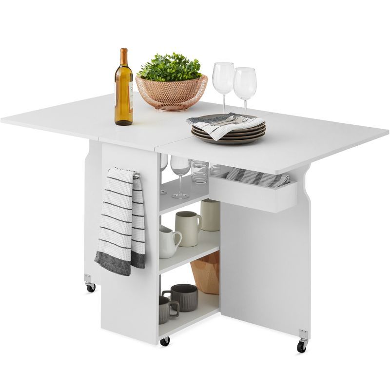 White Multipurpose Folding Table with Wheels and Storage Shelves