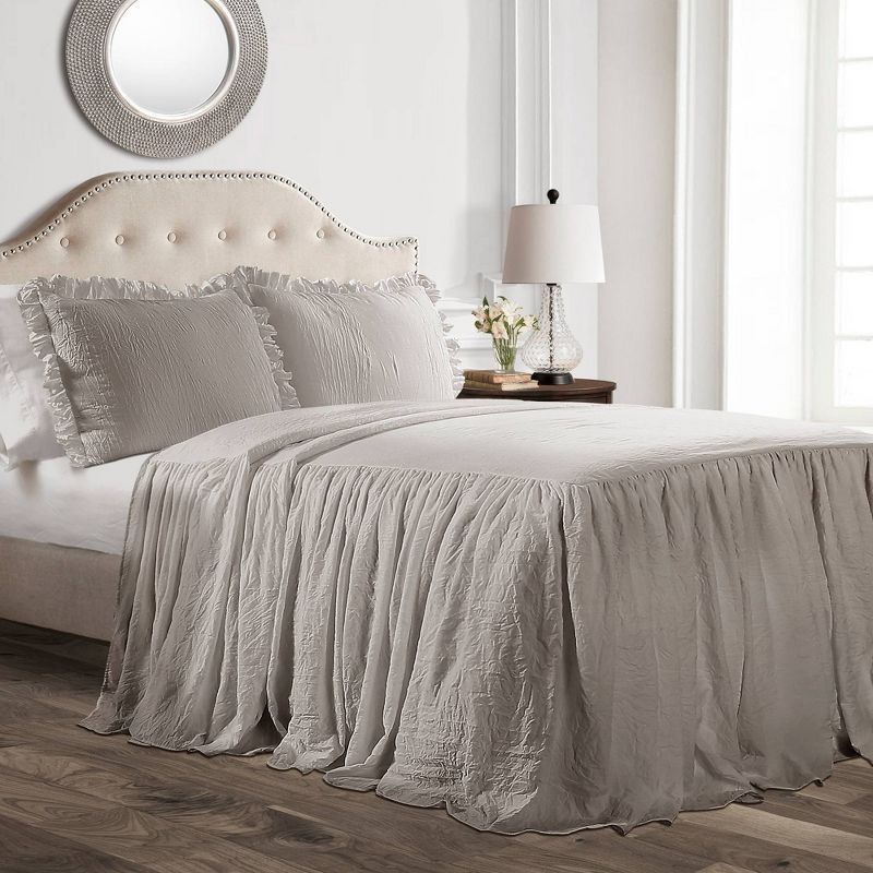 Elegant Gray Microfiber Queen Bedspread Set with Ruffle Detail