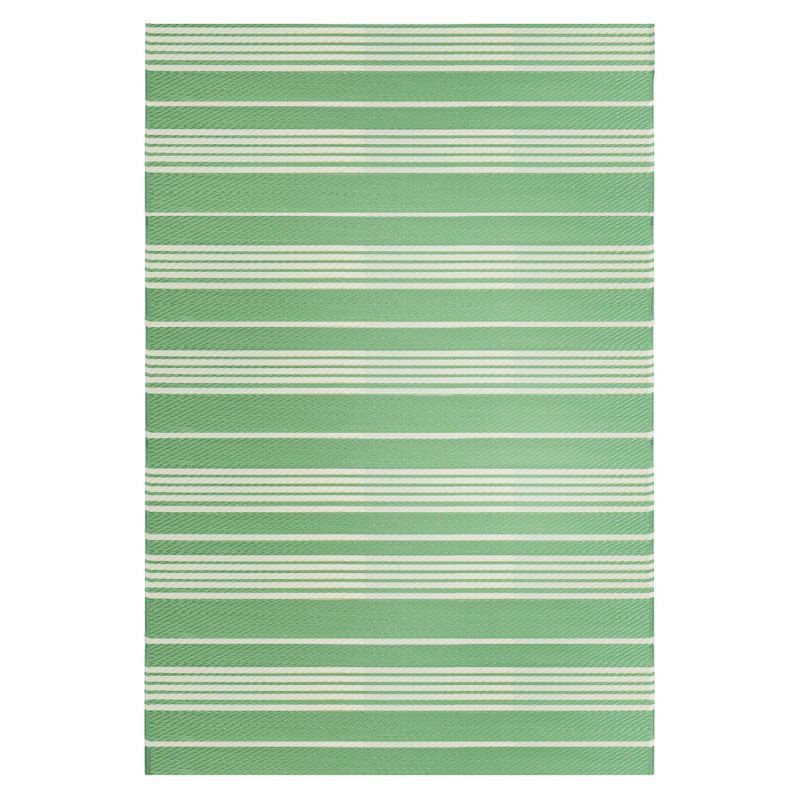 Green and White Striped Easy-Care Synthetic Outdoor Rug, 4' x 6'