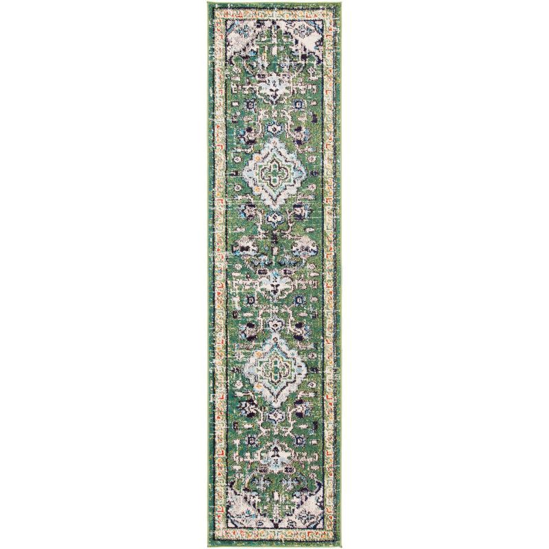 Green and Turquoise Hand-Knotted Synthetic Runner Rug