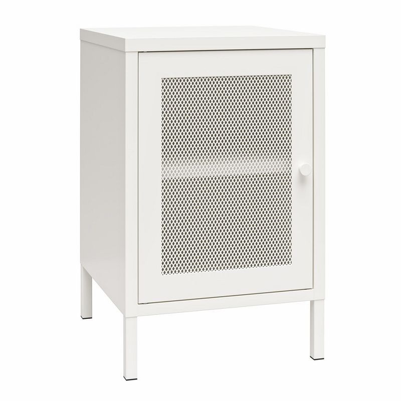 White Metal End Table with Perforated Mesh Door and Storage