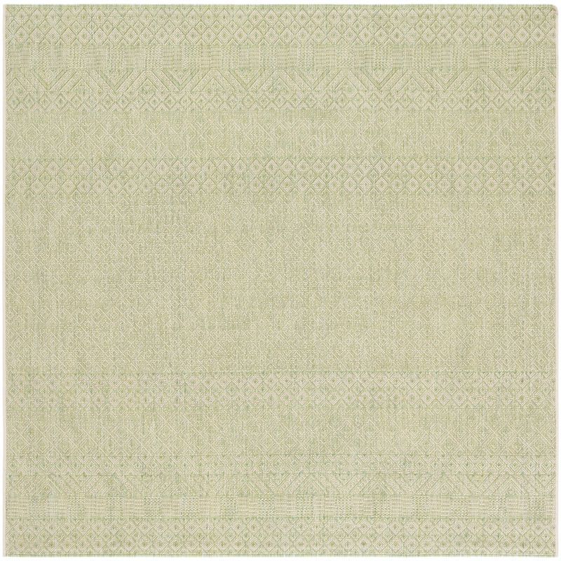 Beige and Green Square Synthetic Indoor/Outdoor Rug