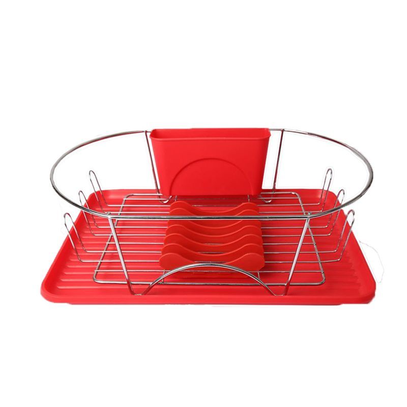 Red and Silver Metal Dish Rack with Utensil Cup