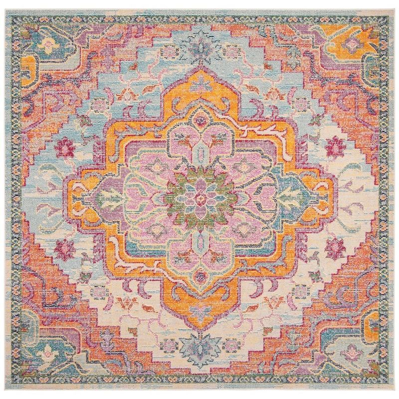 Light Blue and Fuchsia Square Oriental Synthetic Area Rug