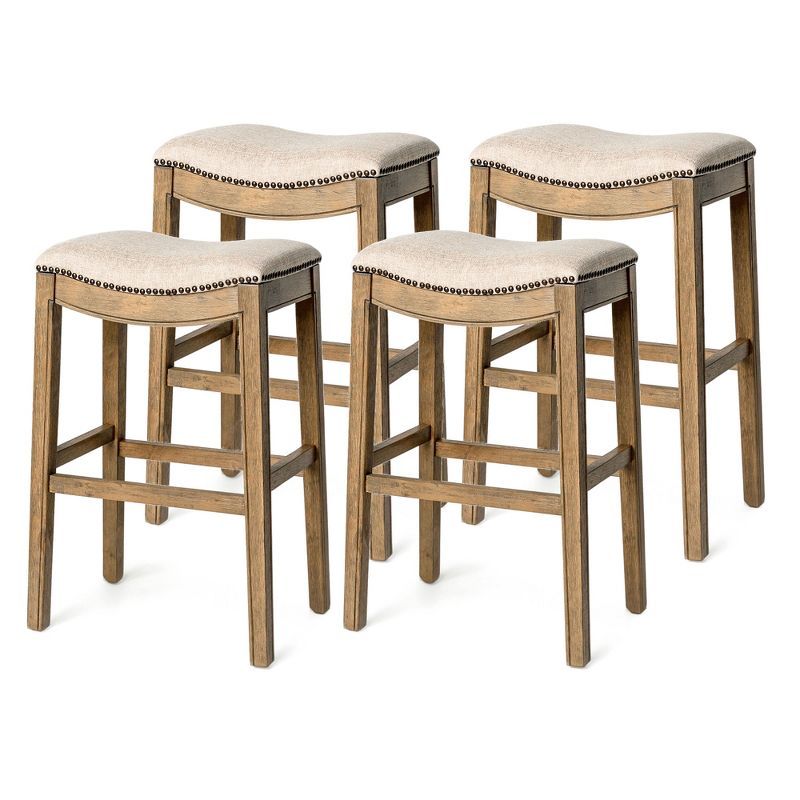 Weathered Oak Saddle-Style Backless Kitchen Stool, Set of 4