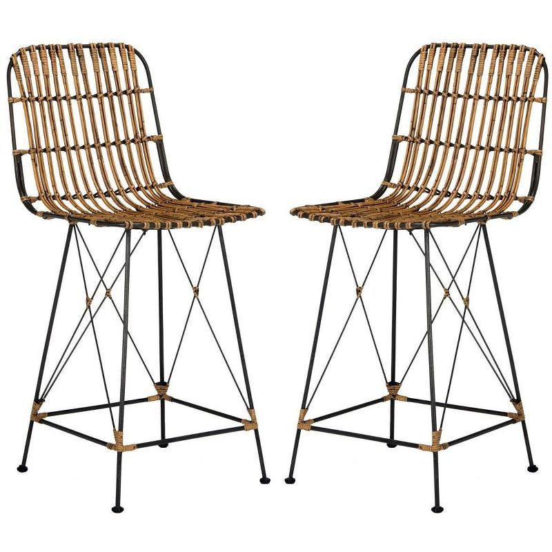 Minerva Natural and Black Wicker Counter Stools, Set of 2