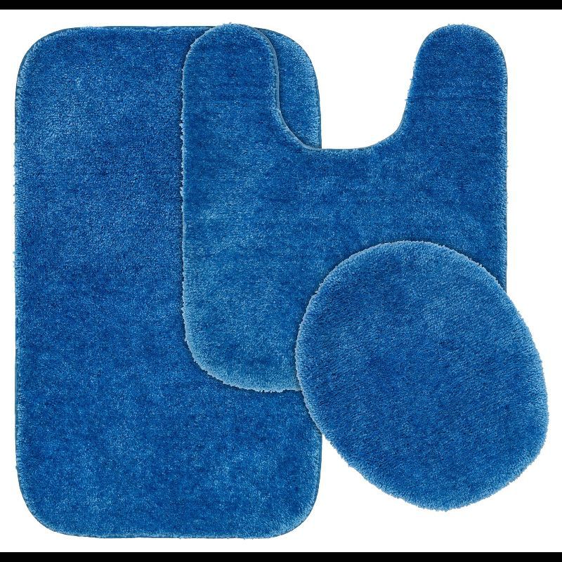 Electric Blue Traditional Plush Nylon 3-Piece Bath Rug Set