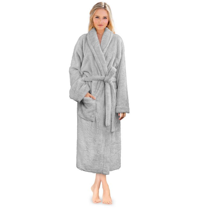 Gray Plush Fleece Faux Shearling Shaggy Bathrobe