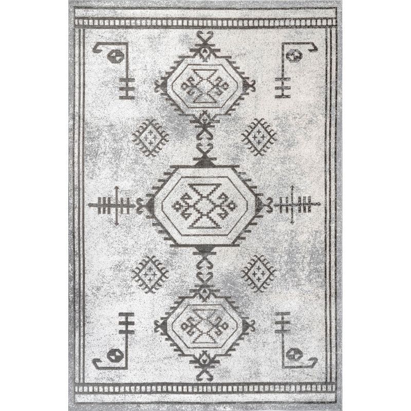 Light Grey Synthetic Southwestern Washable Round Area Rug