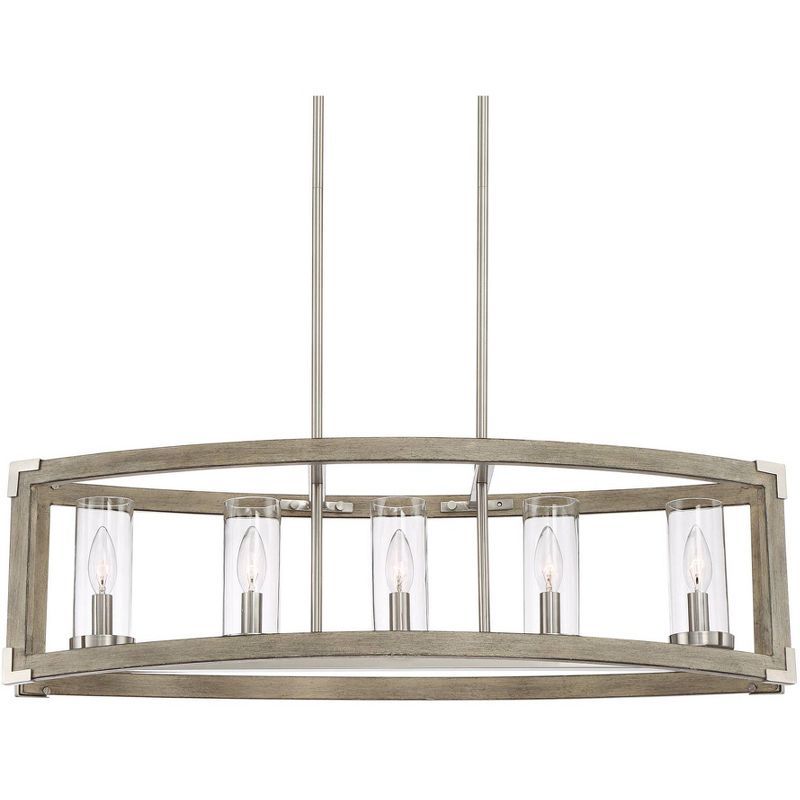 Modern Farmhouse Brushed Nickel and Wood Linear Island Chandelier