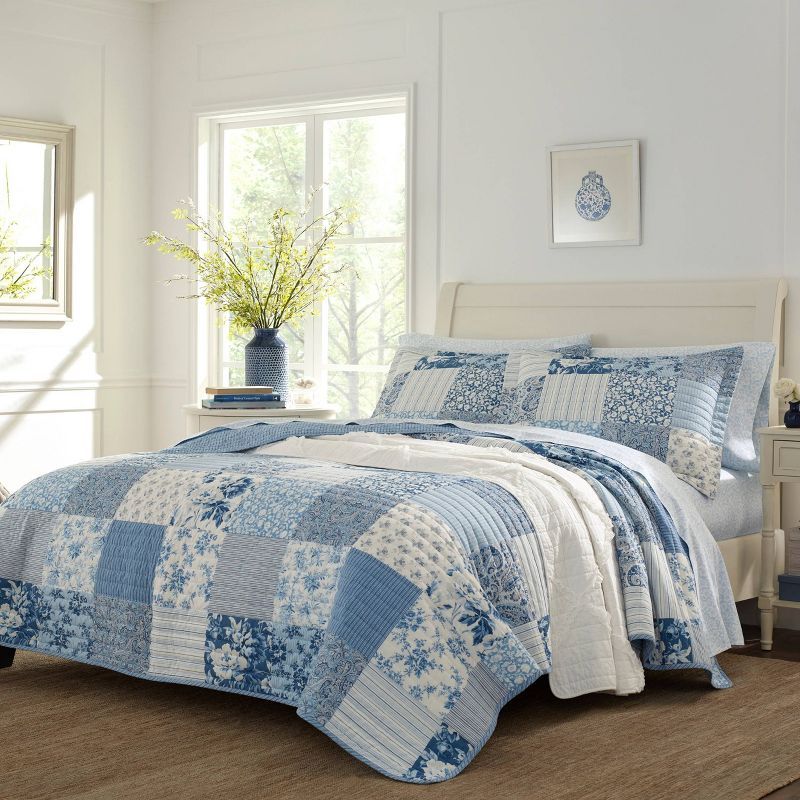 Blue Cotton Twin Reversible Patchwork Quilt Set