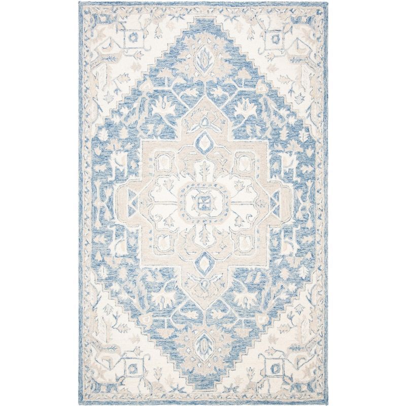 Ivory and Blue Handmade Wool Medallion Area Rug