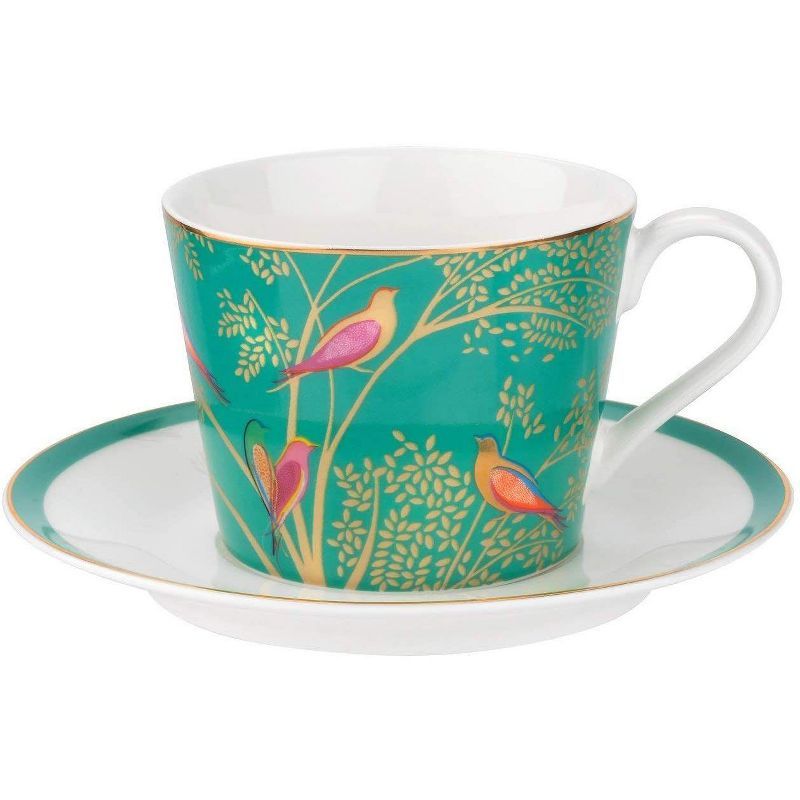 Green Ceramic Teacup and Saucer with Gold Detail