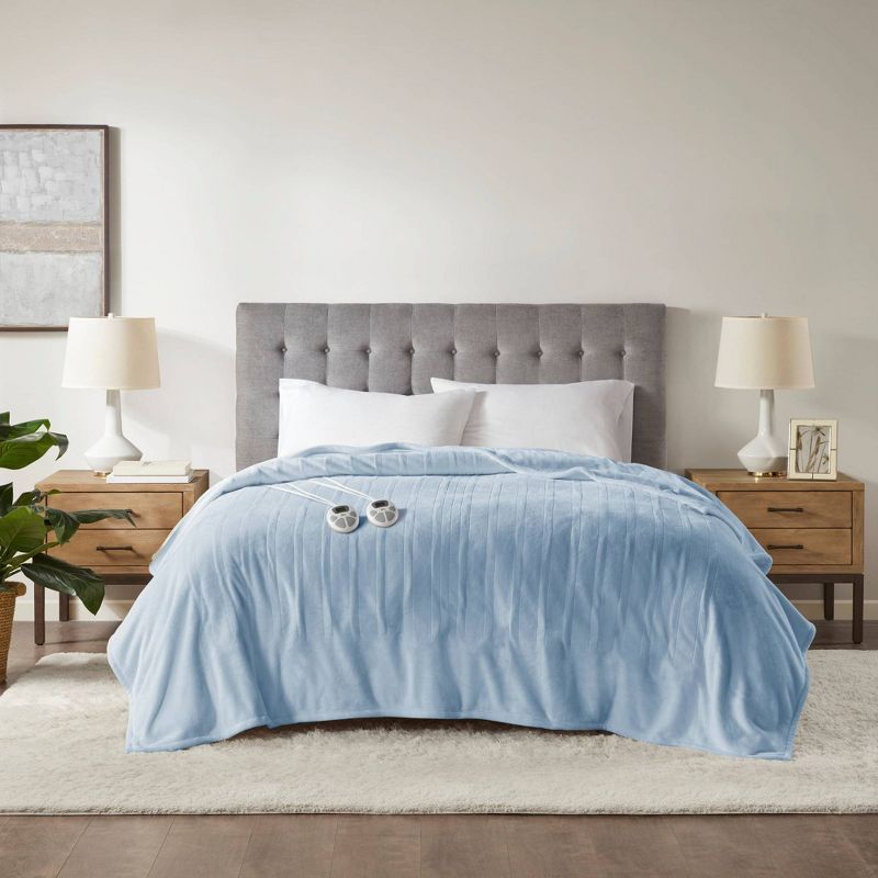 King Size Light Blue Plush Heated Blanket with Dual Controllers