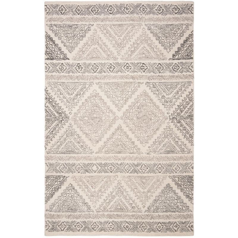 Ivory and Light Brown Geometric Wool 4' x 6' Handmade Tufted Rug