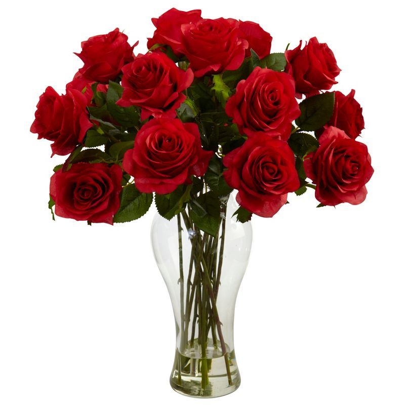 Nearly Natural Red Blooming Roses with Clear Vase