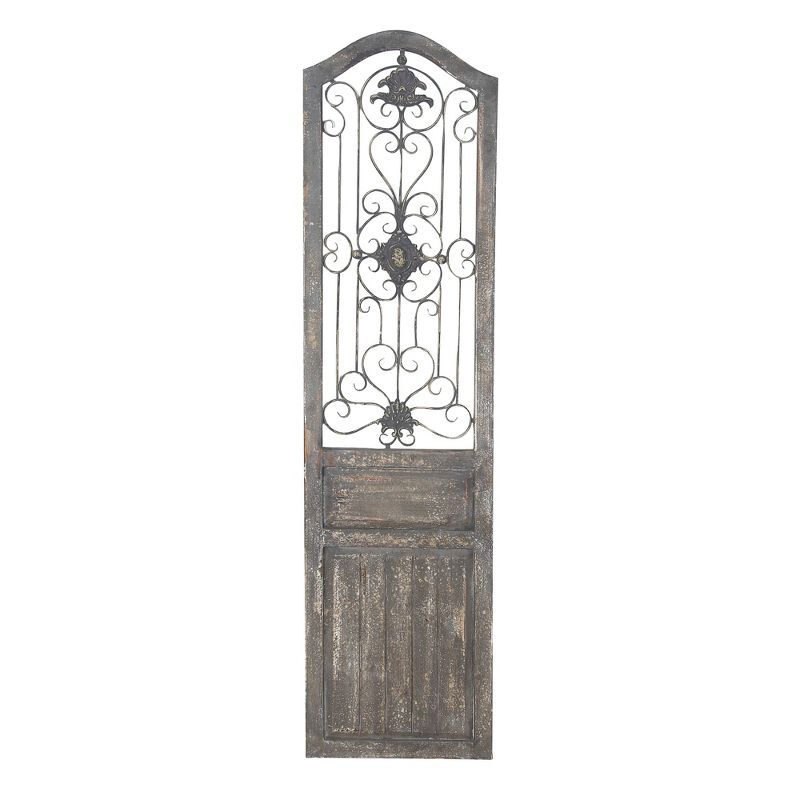 Brown Distressed Wood and Metal Scroll Door Panel Wall Decor