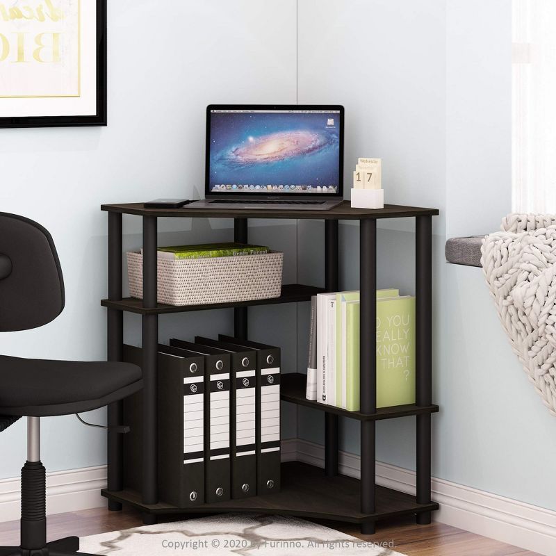 Espresso and Black Wood Corner Computer Desk with Shelves