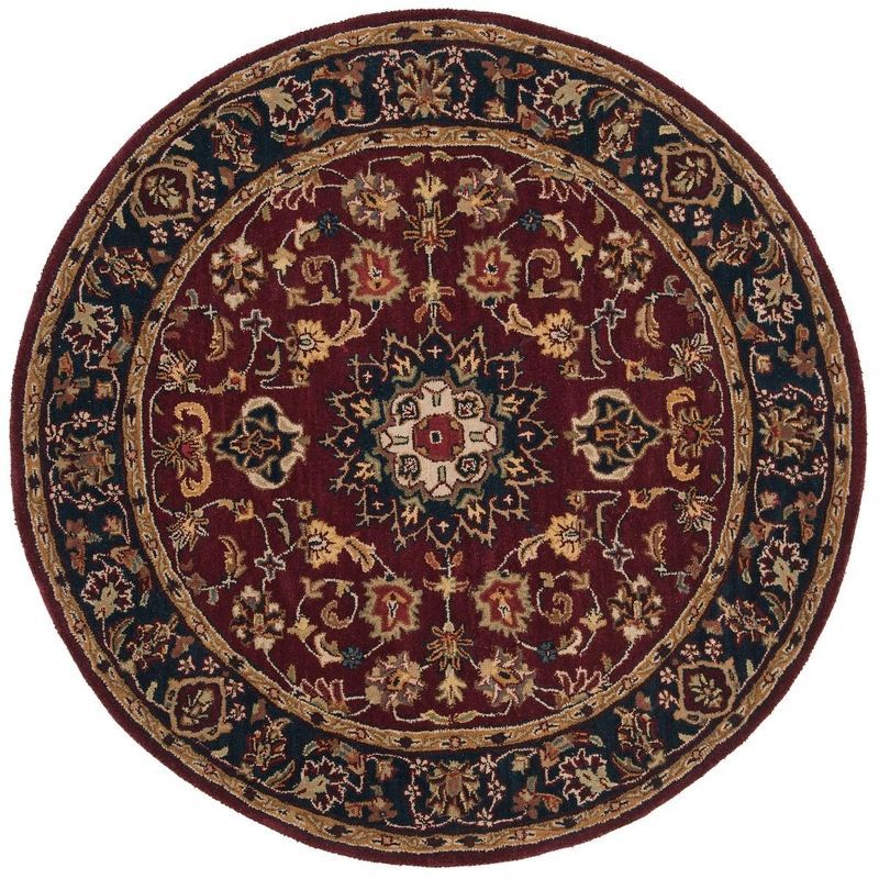 Classic Burgundy and Navy Round Wool Area Rug