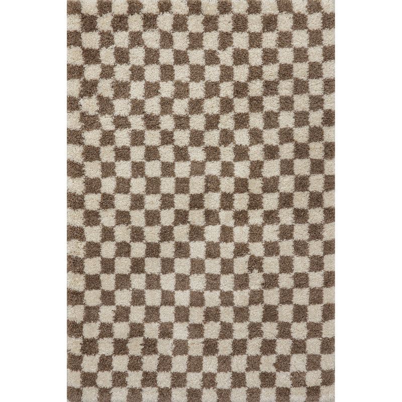 Beige Checkered 4' x 6' Synthetic Shag Area Rug