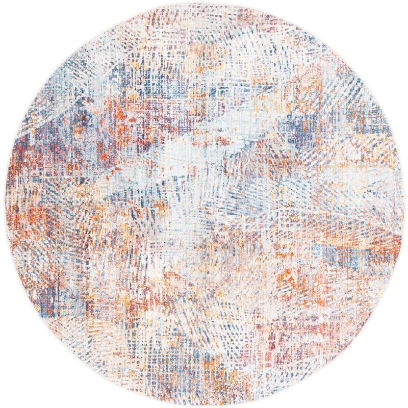 Vintage Blue and Rust Round Synthetic Area Rug